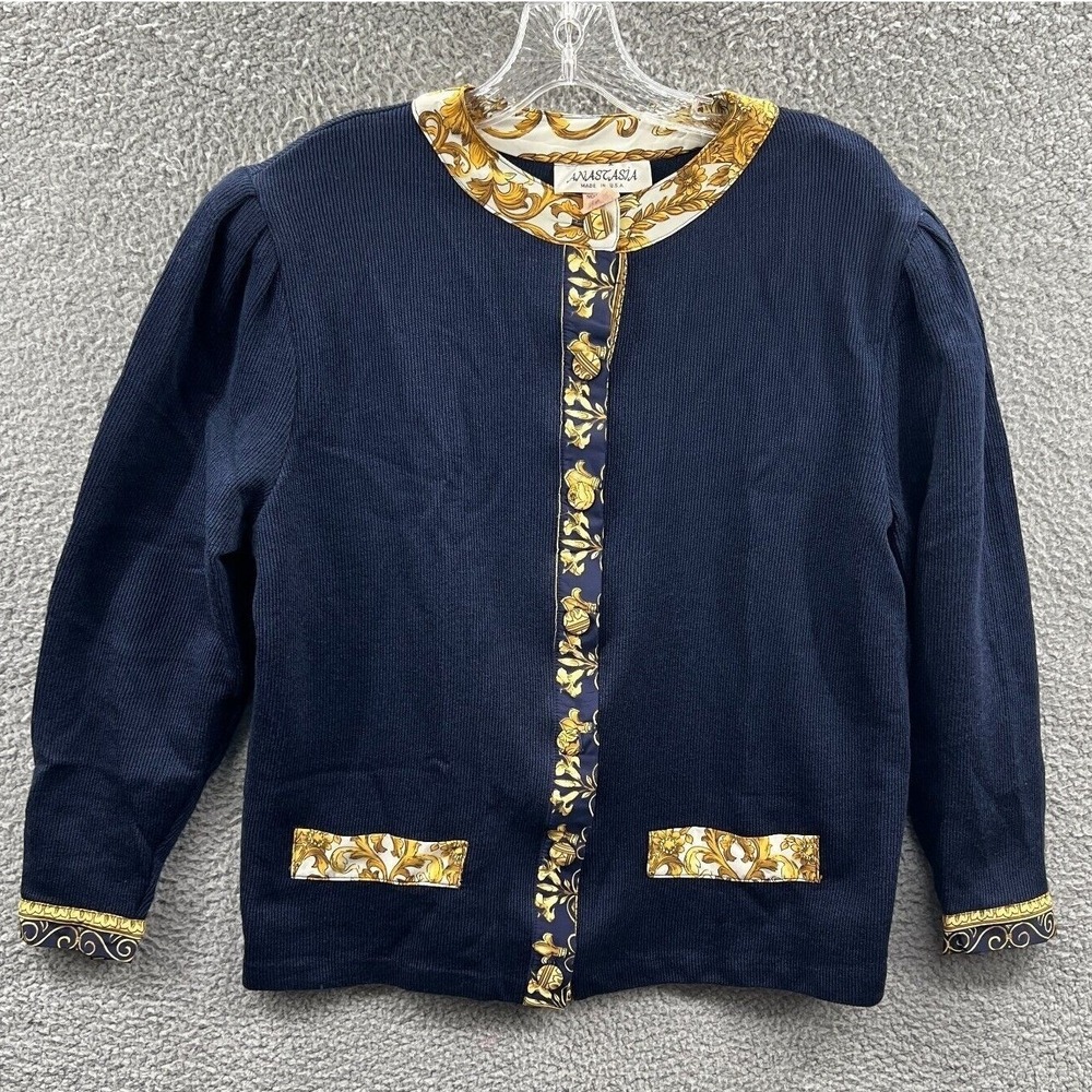 Vintage Womens Cardigan Sweater L Baroque Ornate Preppy Regal Classic Statement
